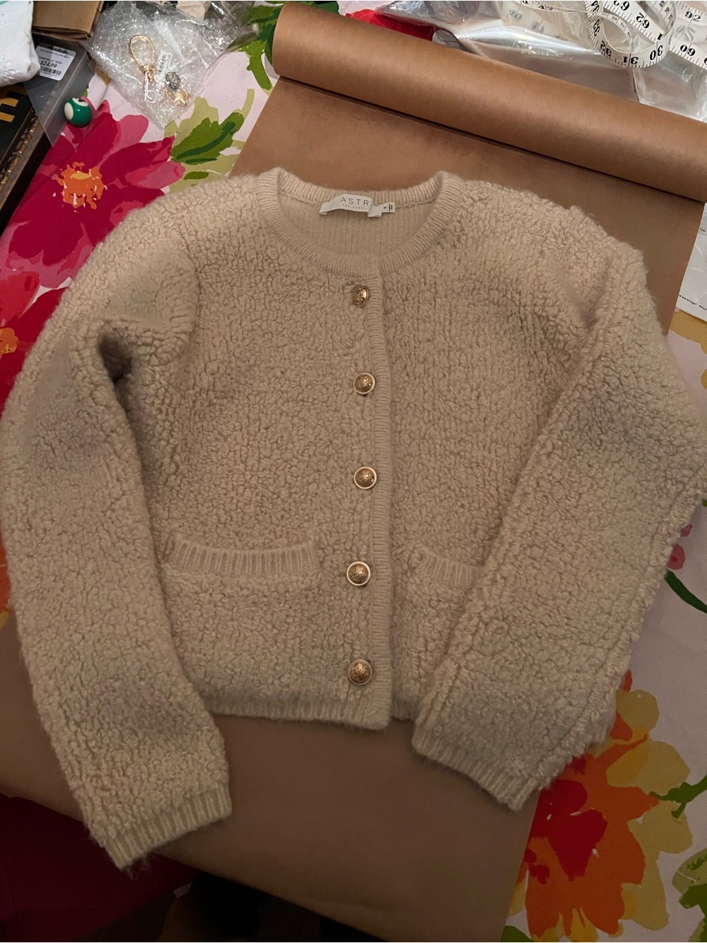 Astr Cream Bouclé Button-Front Cardigan